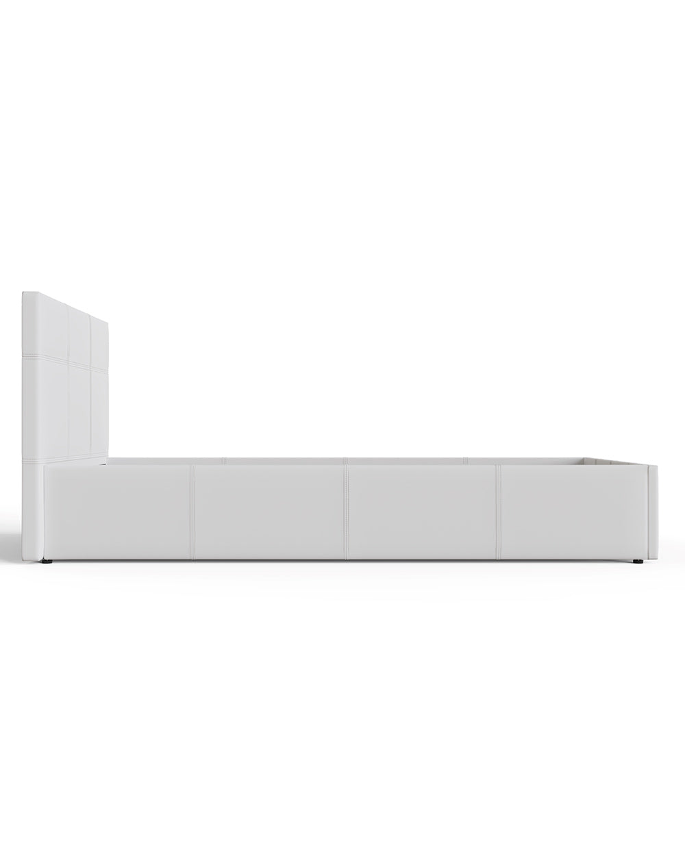 Side lift ottoman single bed in white PU leather GFW in a white cut out setting  side view