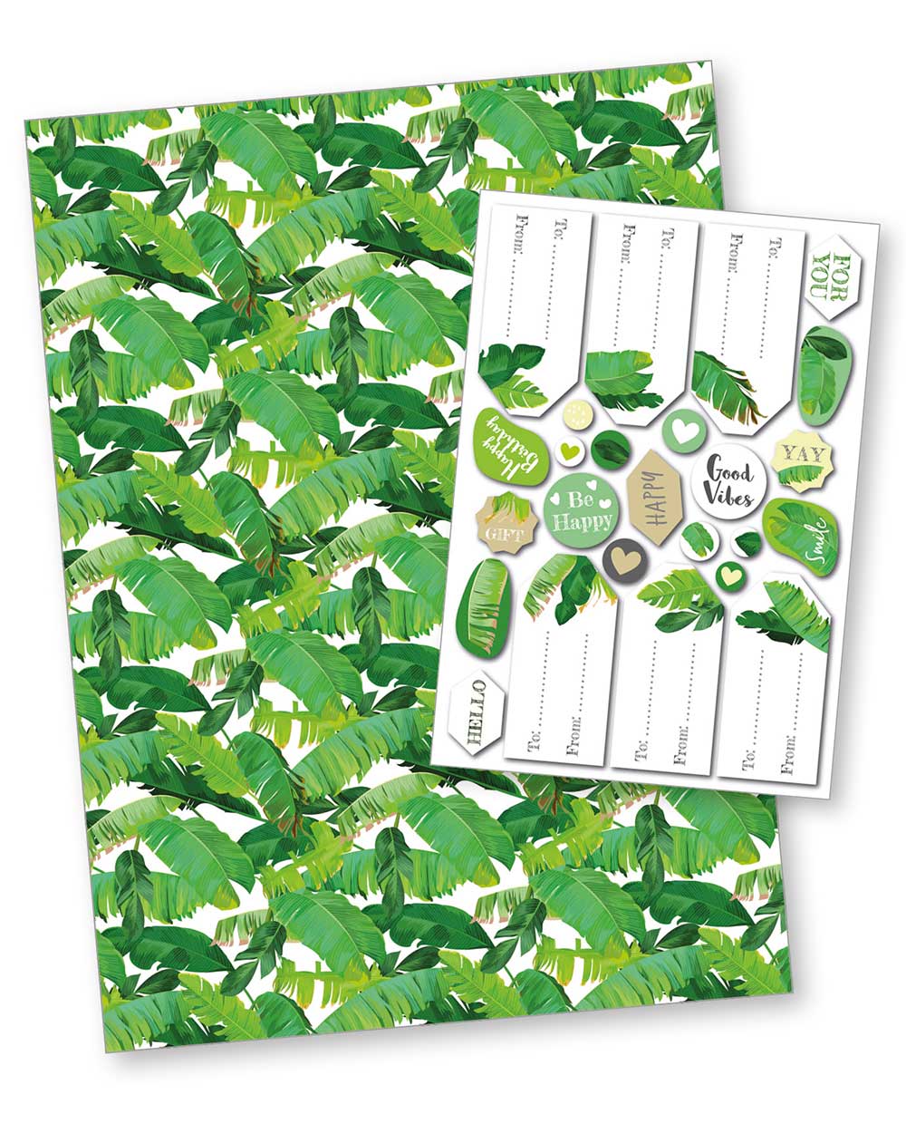 gift wrapping paper set tropical leaf FSC recyclable UK tags friends birthday occasions