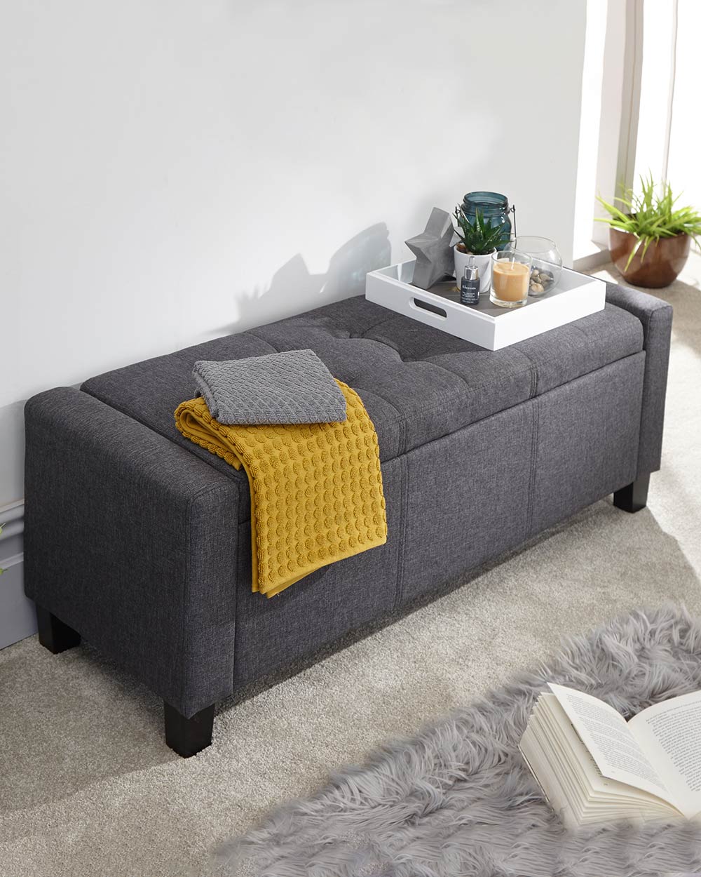 storage bench ottoman blanket box seat in grey upholstered fabric lifestyle images