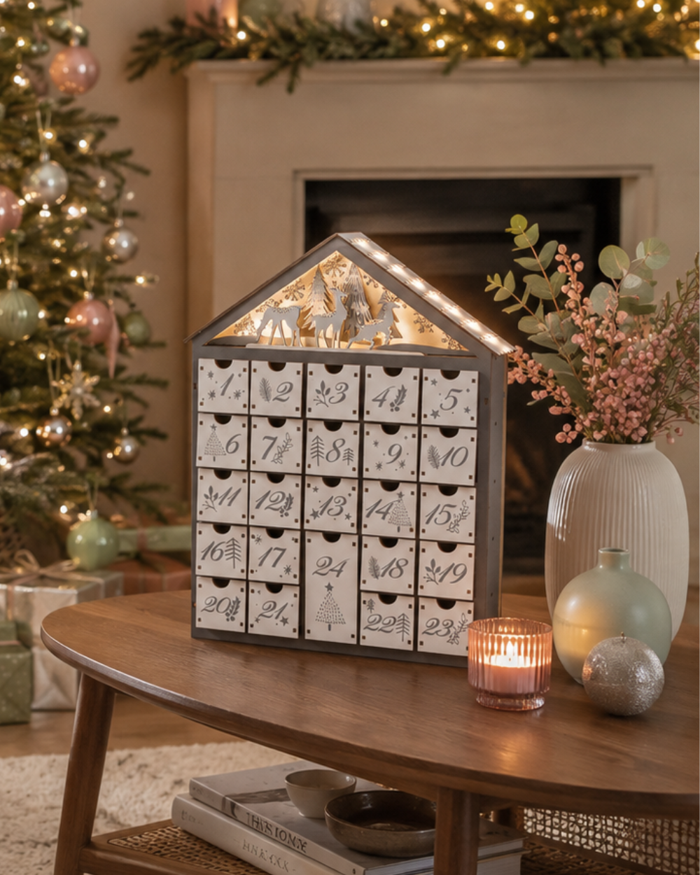 Wooden Advent Calendar LED Light Up Forest Scene Grey