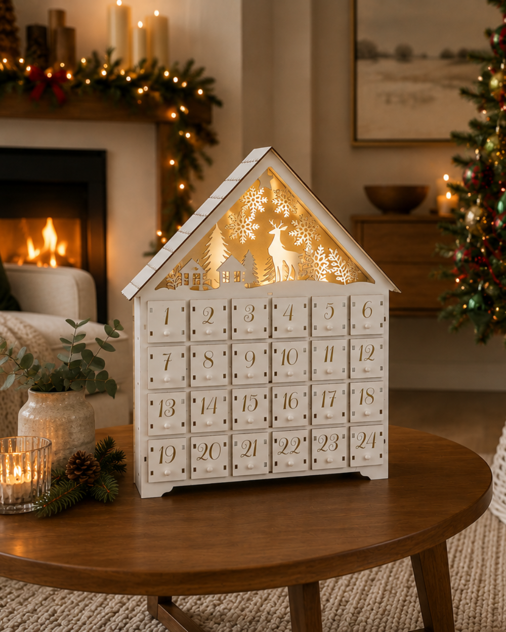 Wooden Advent Calendar LED Light Up Woodland Scene White