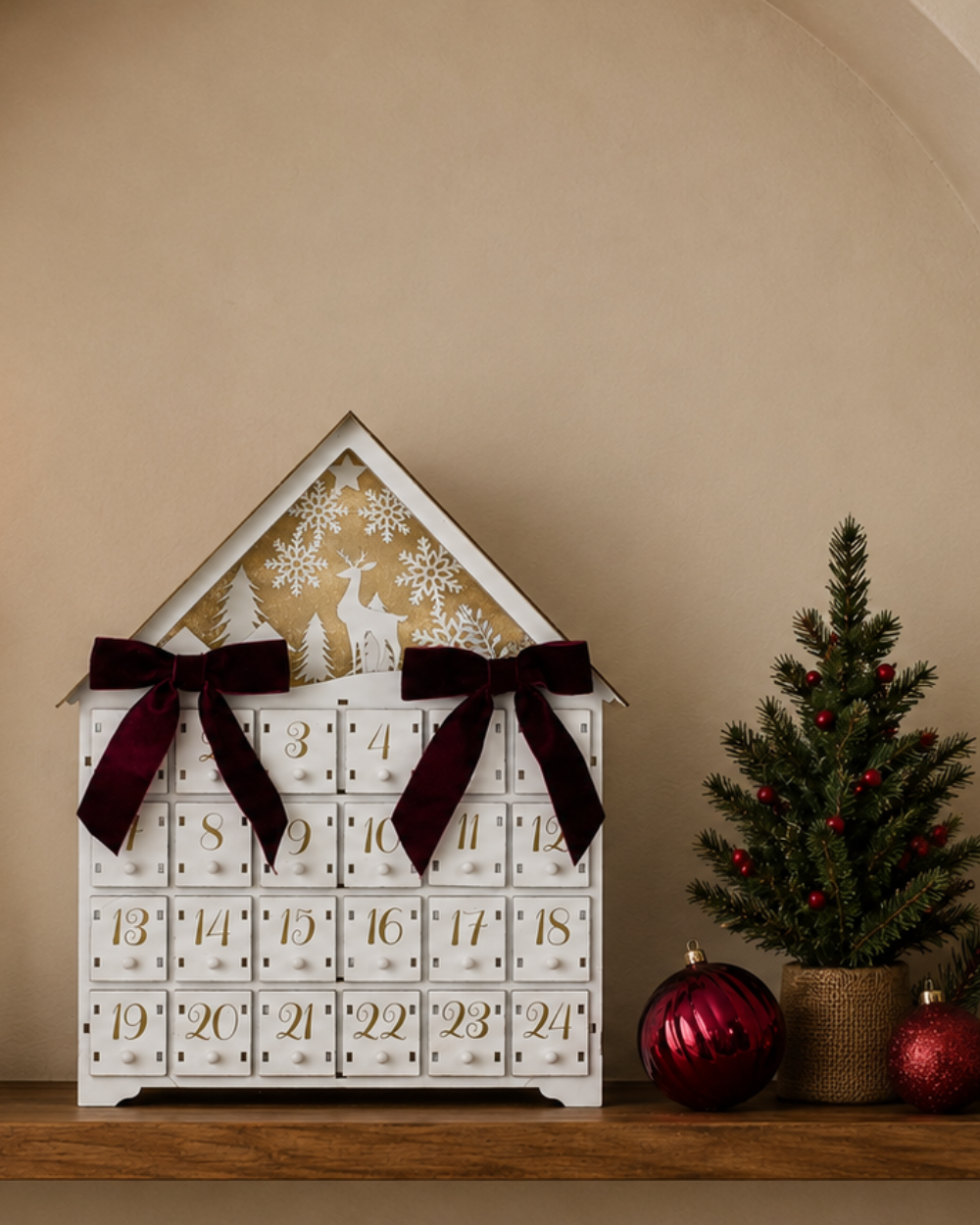 Wooden Advent Calendar LED Light Up Woodland Scene White