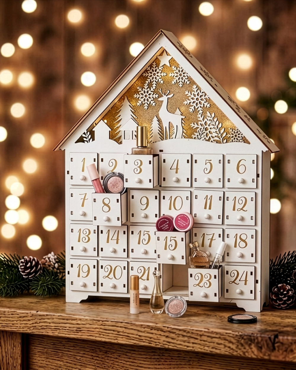 Wooden Advent Calendar LED Light Up Woodland Scene White