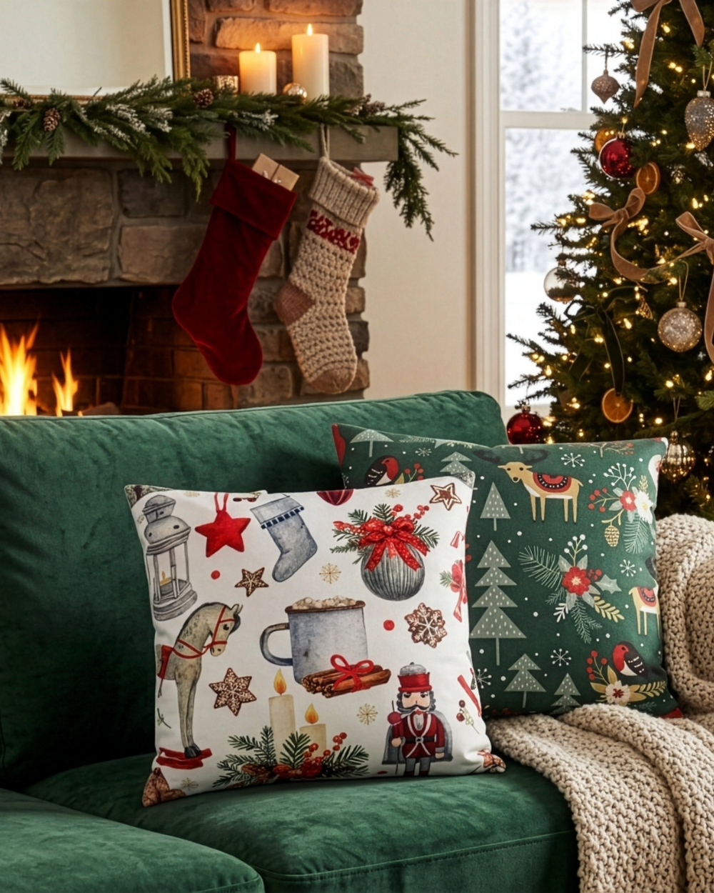 Festive White Cushion Christmas Images 45cm