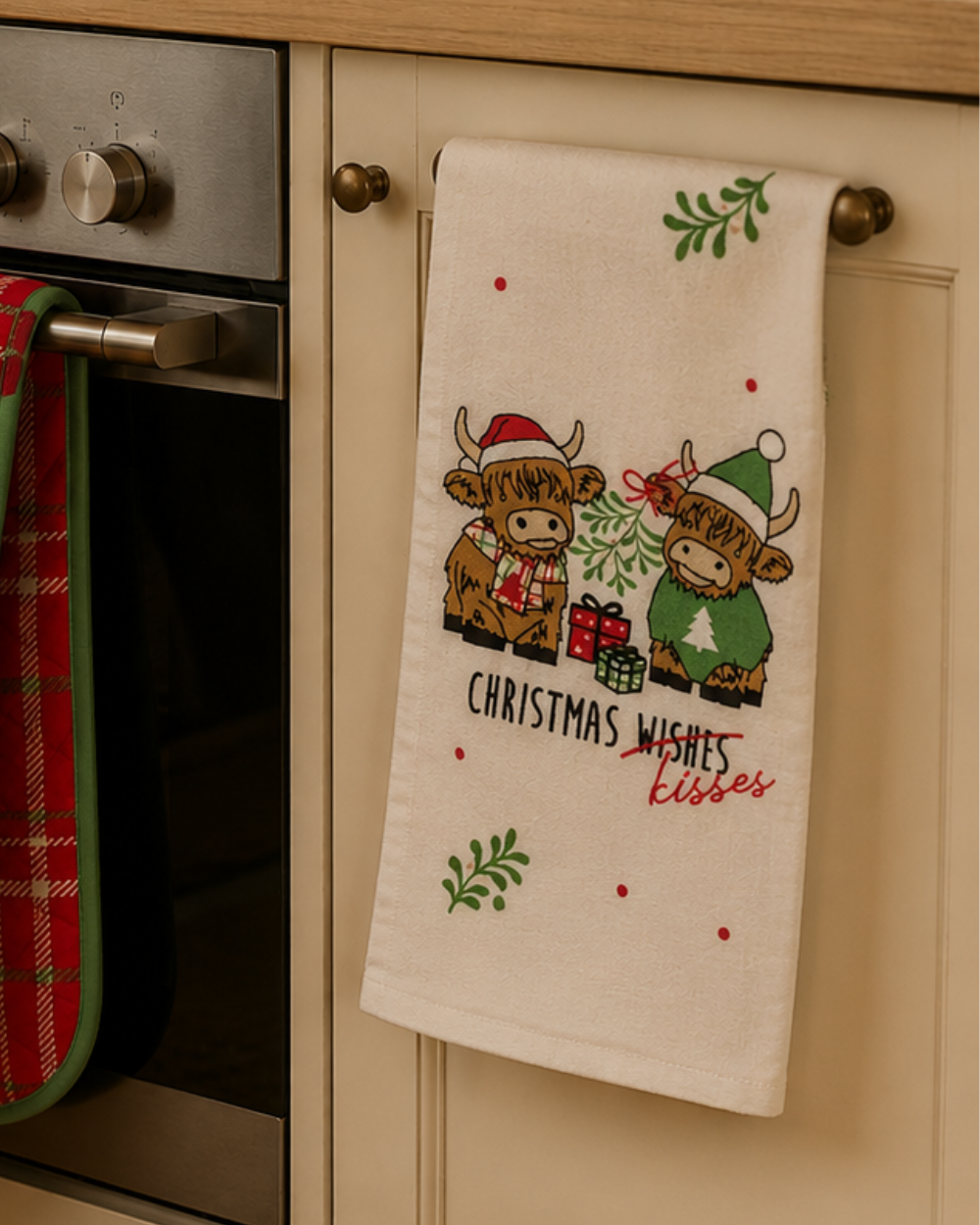 Christmas Kisses Highland Cow Kitchen Tea Towel 3 Pack