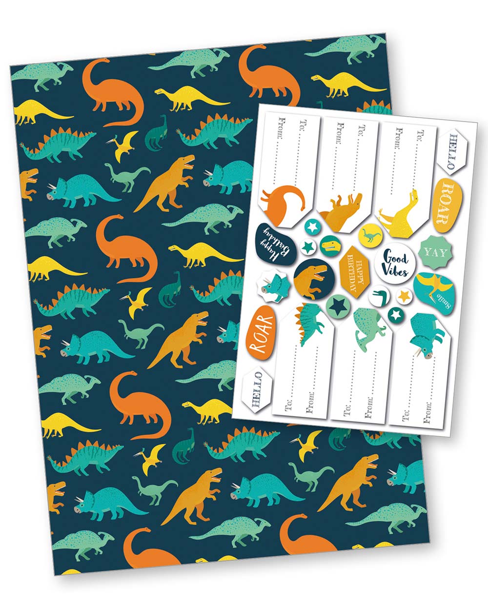 gift wrapping paper set dinosaurs tags FSC recyclable paper