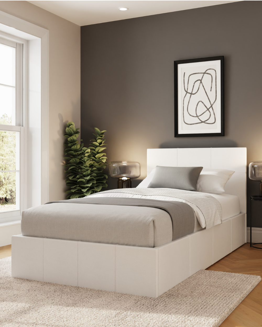 End Lift Ottoman Single Bed White Faux Leather 90cm