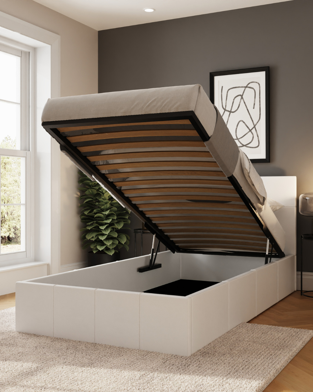 End Lift Ottoman Single Bed White Faux Leather 90cm