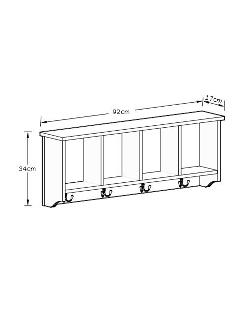 GFW Kempton wall rack oak effect hallway storage unit featured on a white cut out background with the measurements