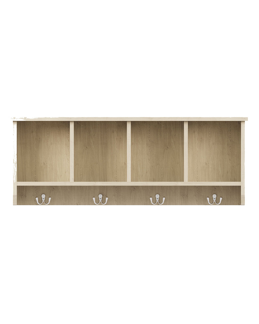 GFW Kempton wall rack oak effect hallway storage unit featured on a white cut out background front facing full view