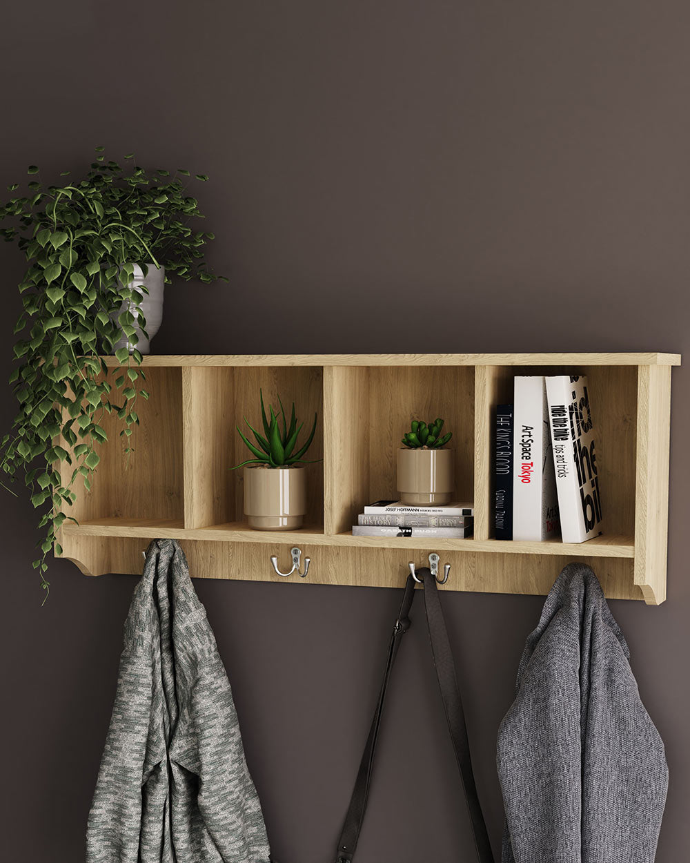 GFW Kempton wall rack oak effect in a hallway lifestyle. With decorative accessories