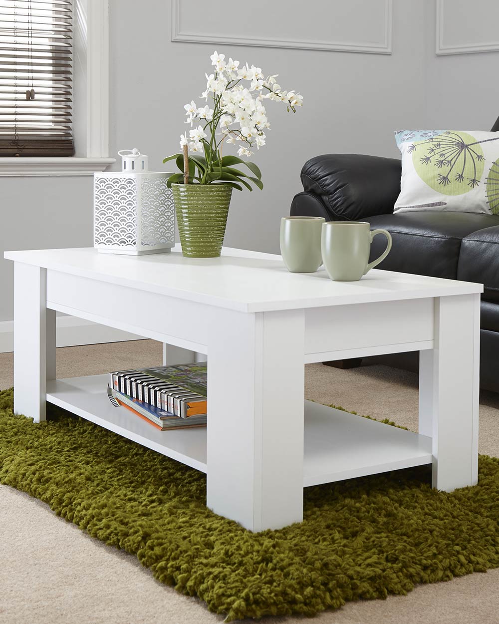 Lift up coffee table not lifted in white in a living room