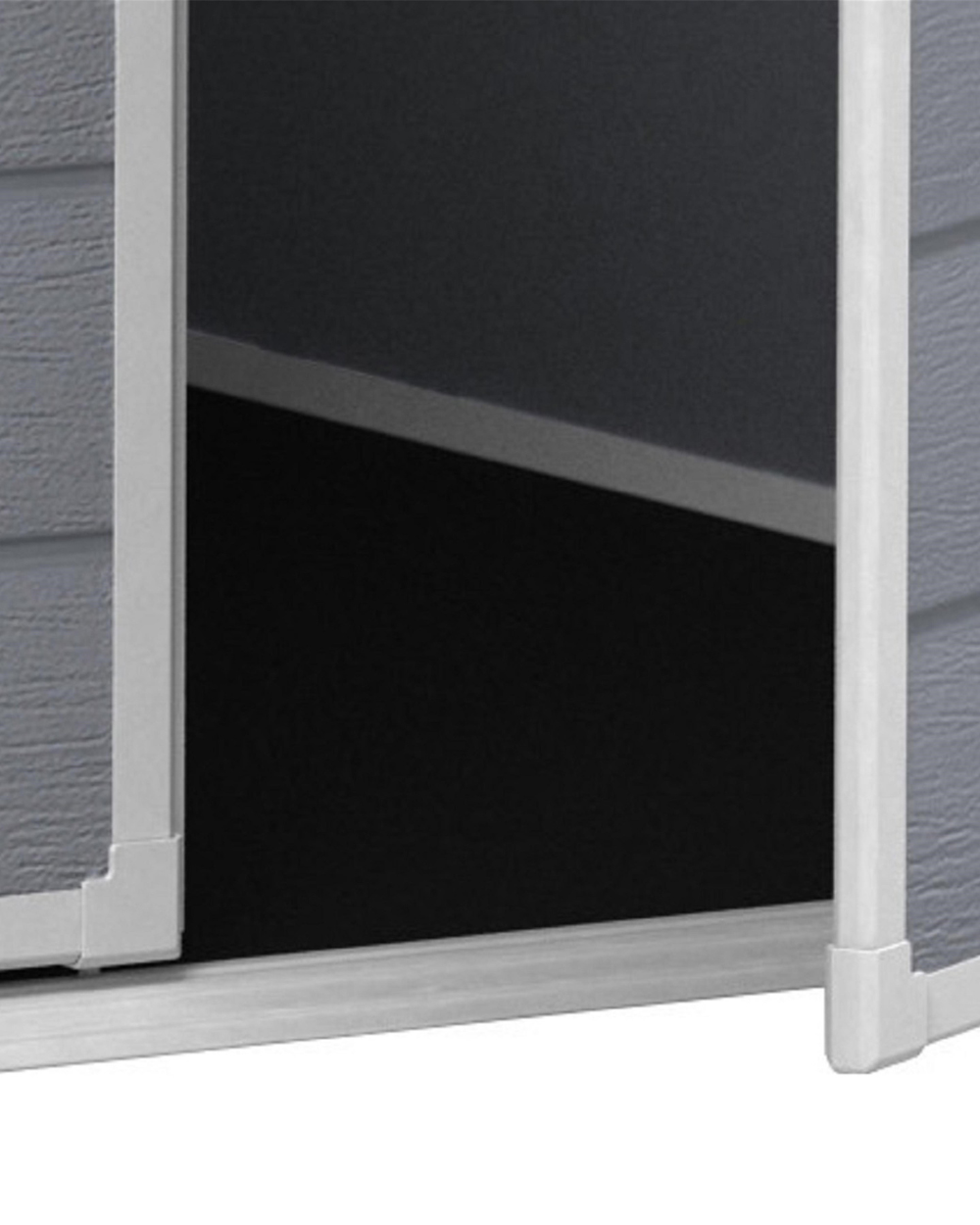MANOR 6x5 GREY Shed Window with a black screen and white frame against a gray siding background