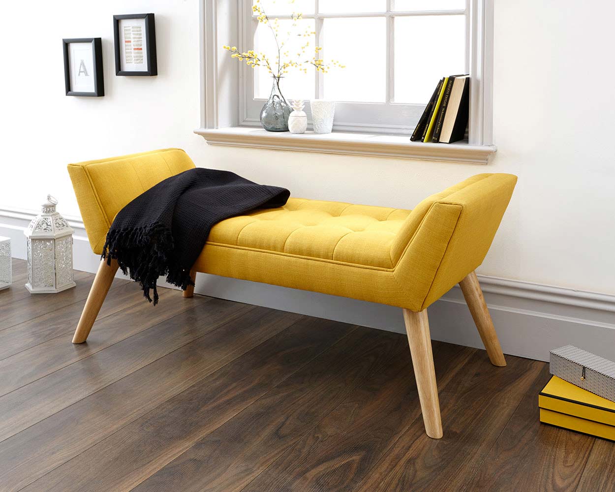 Milan Fabric Upholstered Bench, Mustard Yellow