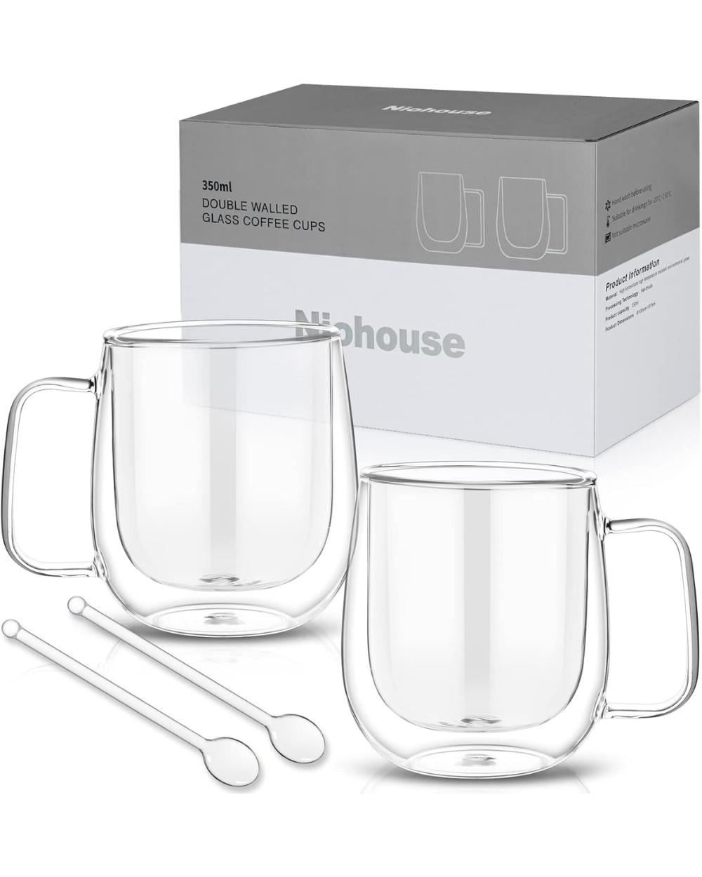 Niohouse Double Walled Glass Coffee Mugs Set of 2
