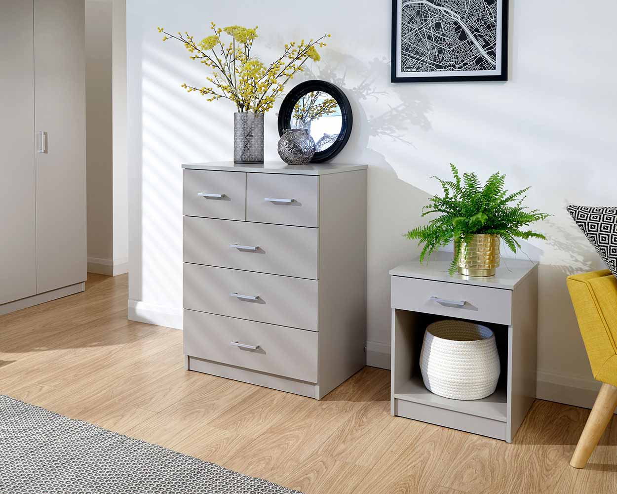 Grey chest of drawers deals and bedside table set