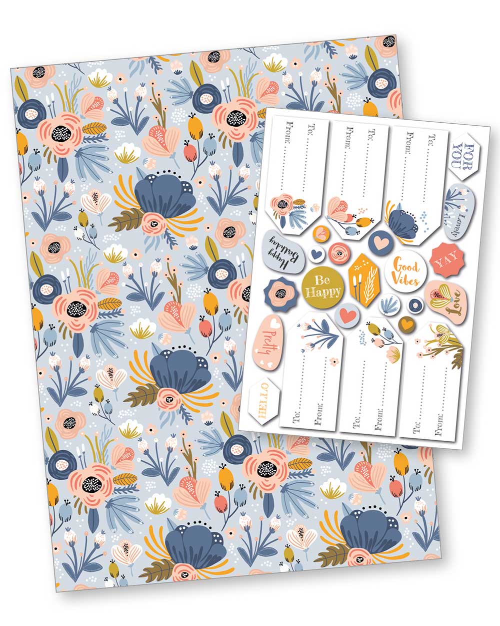 What the set includes. Pretty floral wrap with sticker tags