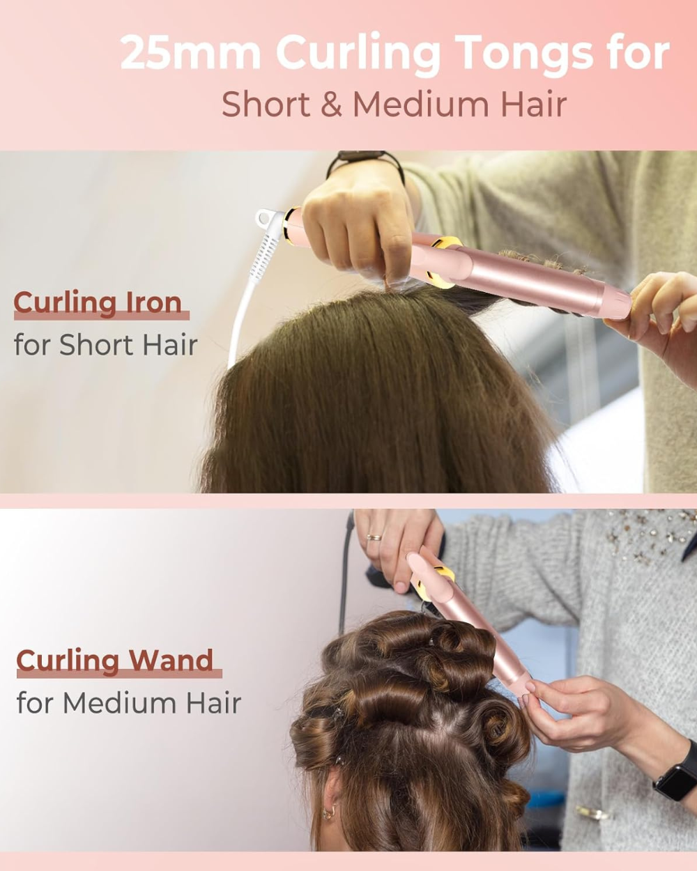 Mini Travel Curling Tongs 25mm Adjustable Temperature Pink