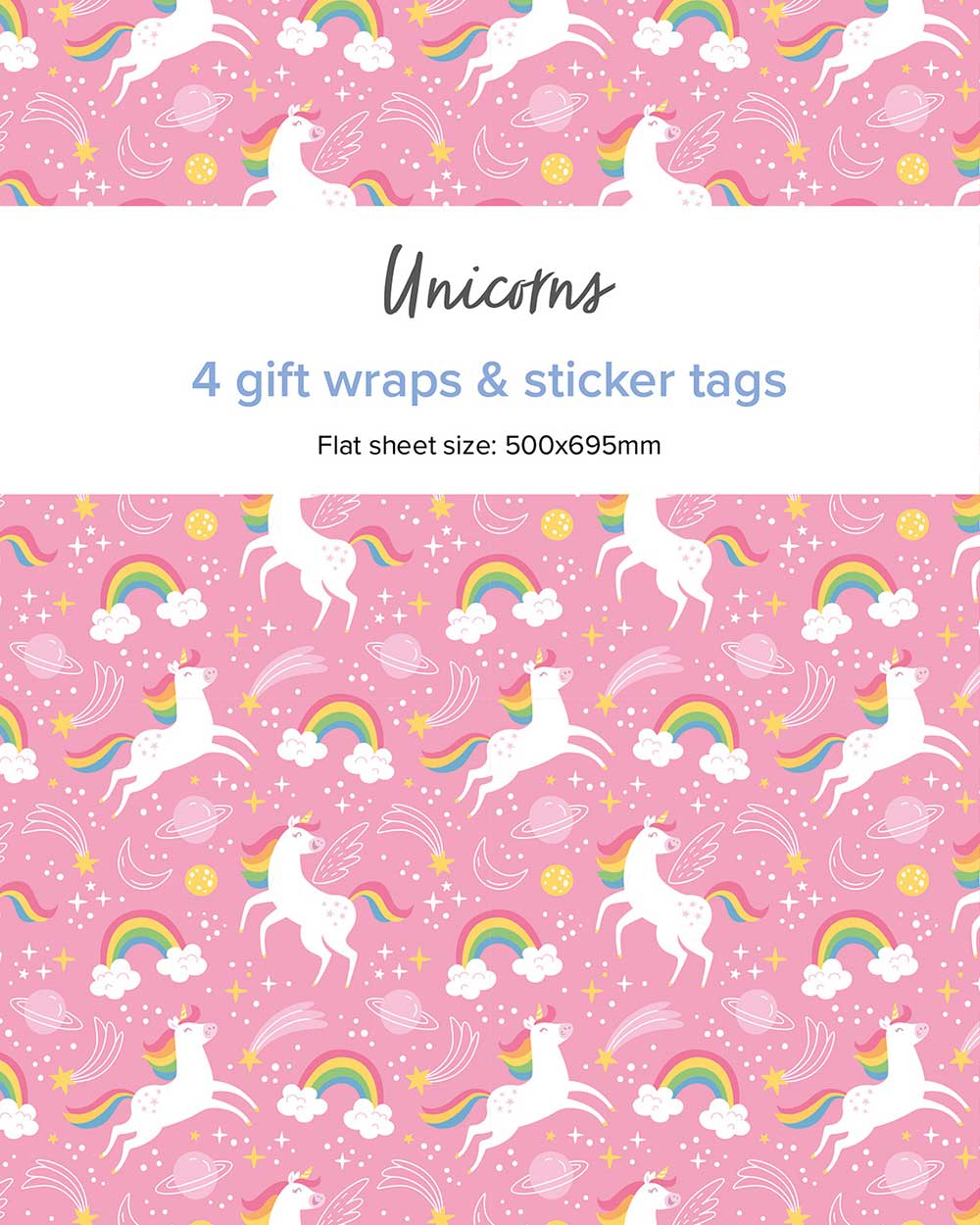 Unicorn pink gift wrapping paper sticker tags 
