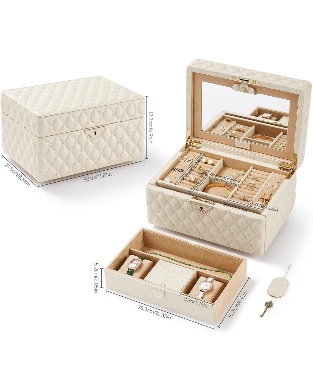 Vee Jewellery Box Storage Case Diamond Quilted Beige