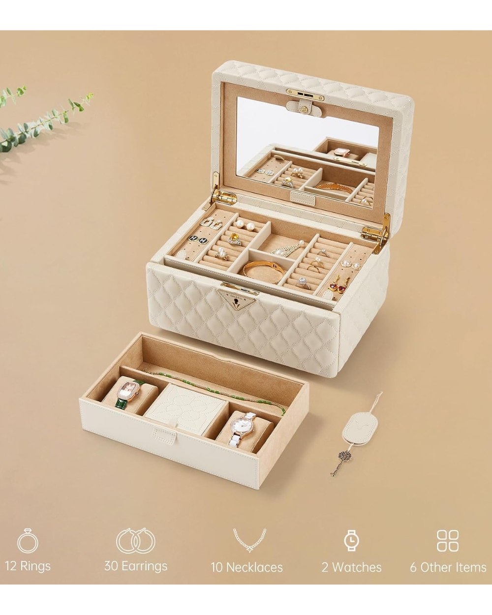 Vee Jewellery Box Storage Case Diamond Quilted Beige