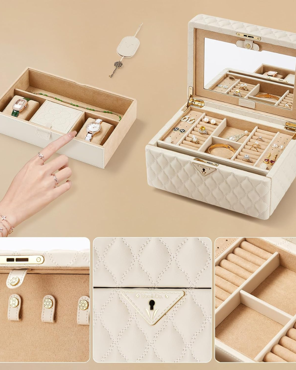 Vee Jewellery Box Storage Case Diamond Quilted Beige